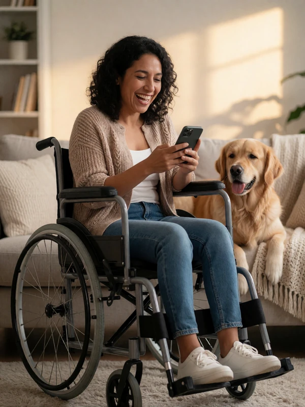 A Latina wheelchair user laughing while texting with her dog nearby, representing daily match recommendations